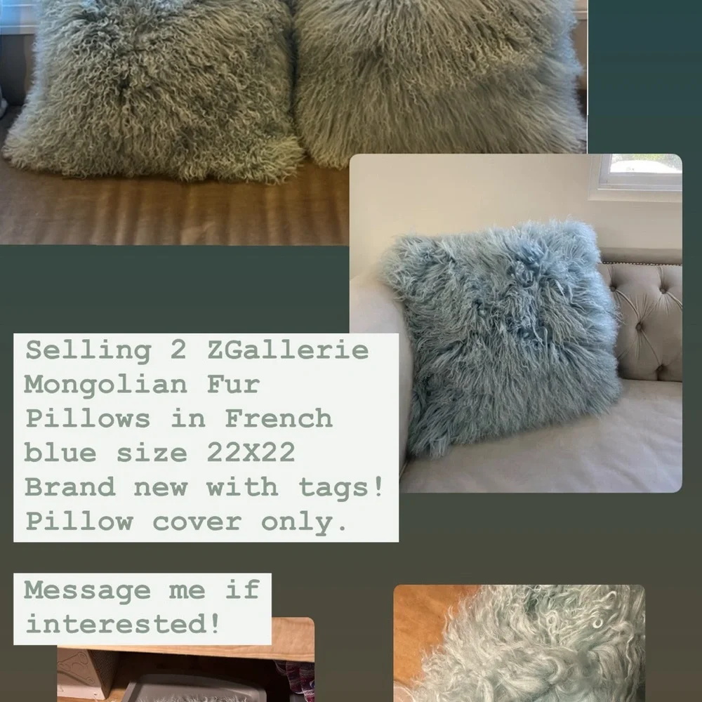Zgallerie Mongolian Fur Pillows French Blue 22x22 Decorative Home Decor